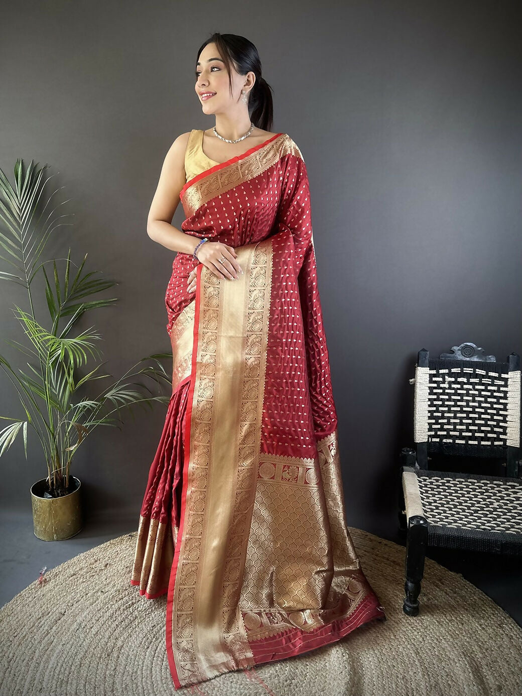 Joban Fashion Brick Red Small Butti Banarasi Silk Sarees | Grocsy