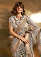 Grey Handwoven Tissue Fabric Festive & Party Style Saree - Emponline | Grocsy