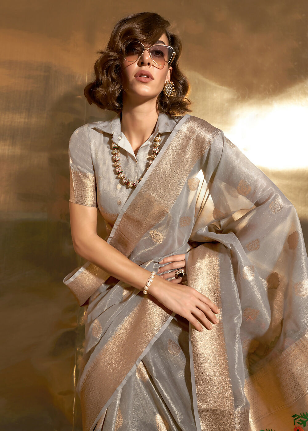 Grey Handwoven Tissue Fabric Festive & Party Style Saree - Emponline | Grocsy