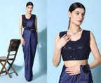 Blue Imported Crush Lycra Texture Pattern Ready to Wear Saree with stitched Blouse - Nirvana | Grocsy