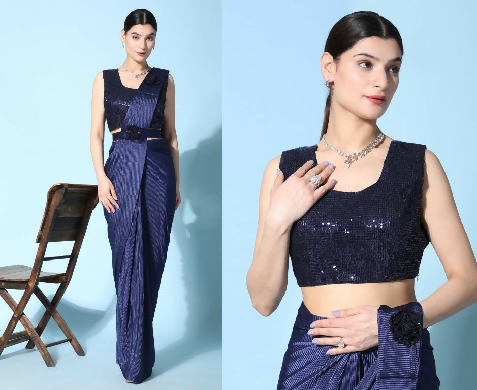 Blue Imported Crush Lycra Texture Pattern Ready to Wear Saree with stitched Blouse - Nirvana | Grocsy