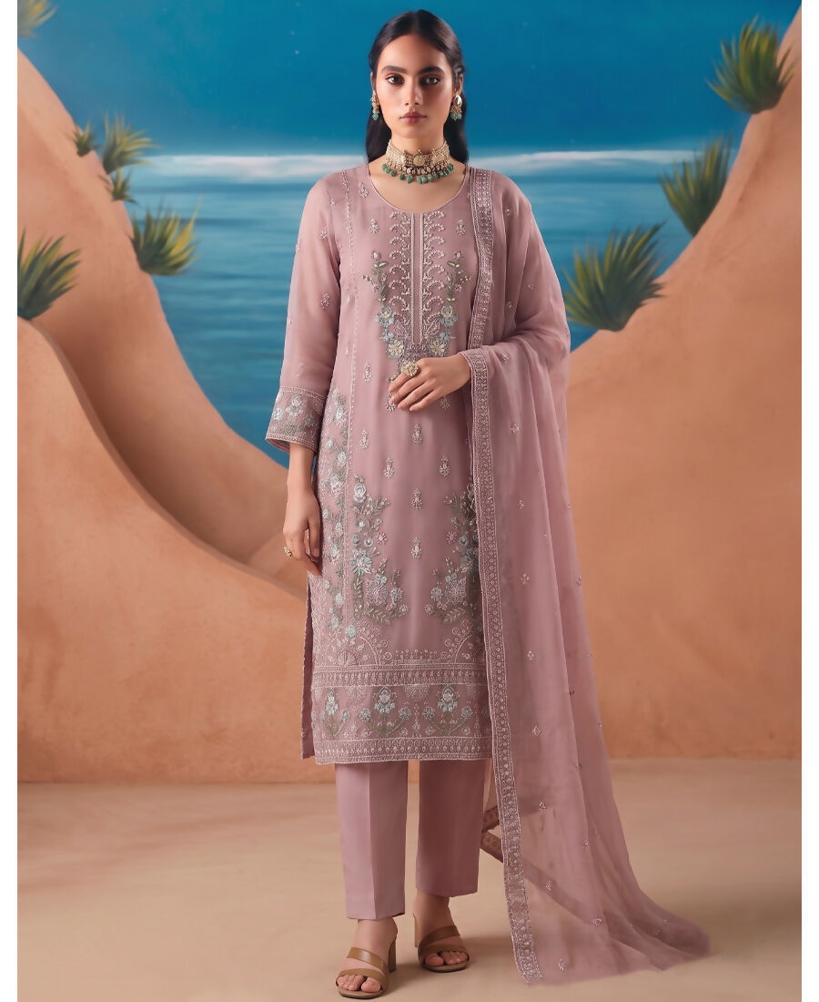 KC Heavy Chiffon Silk Pink Hand Embroidered Straight Suit For Women Wedding | Grocsy