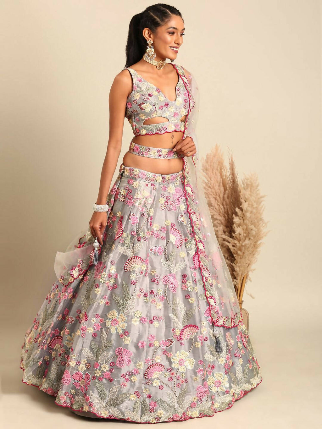 House of Panchhi Grey Organza Sequins and Zarkan embroidery Lehenga choli & Dupatta | Grocsy