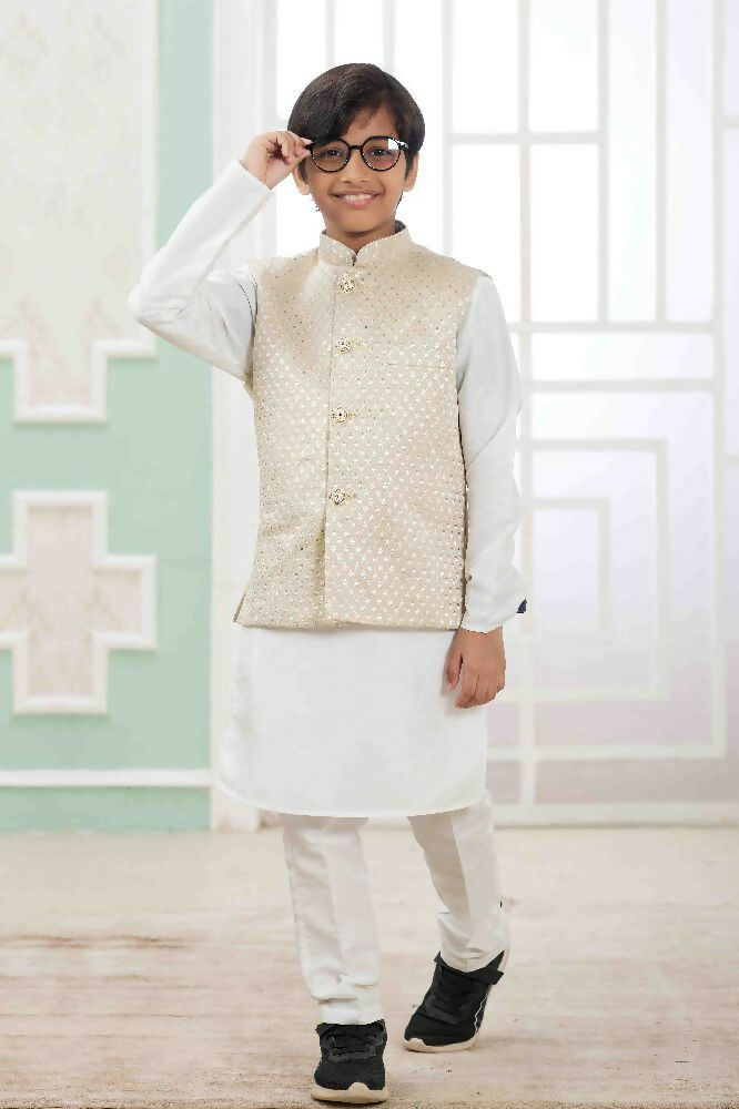 Raivat Ethnic Art Silk Embroidery Work 3 Pics Jacket Set In Off White Colour | Grocsy