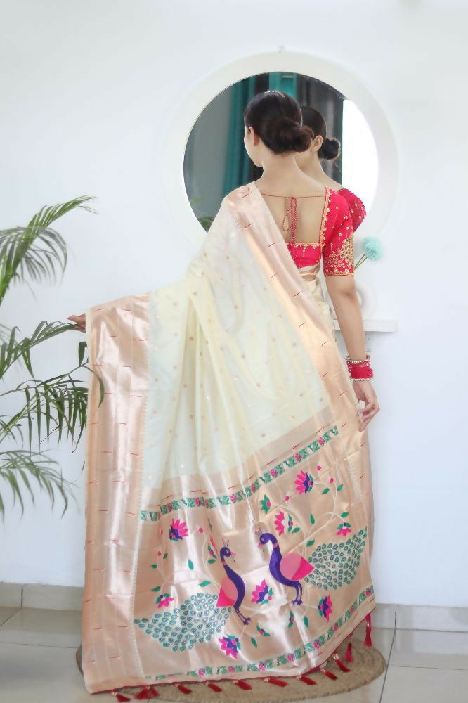 Cream Woven Jacquard Designer Embroidery Work Party Wear Saree - Parampara | Grocsy