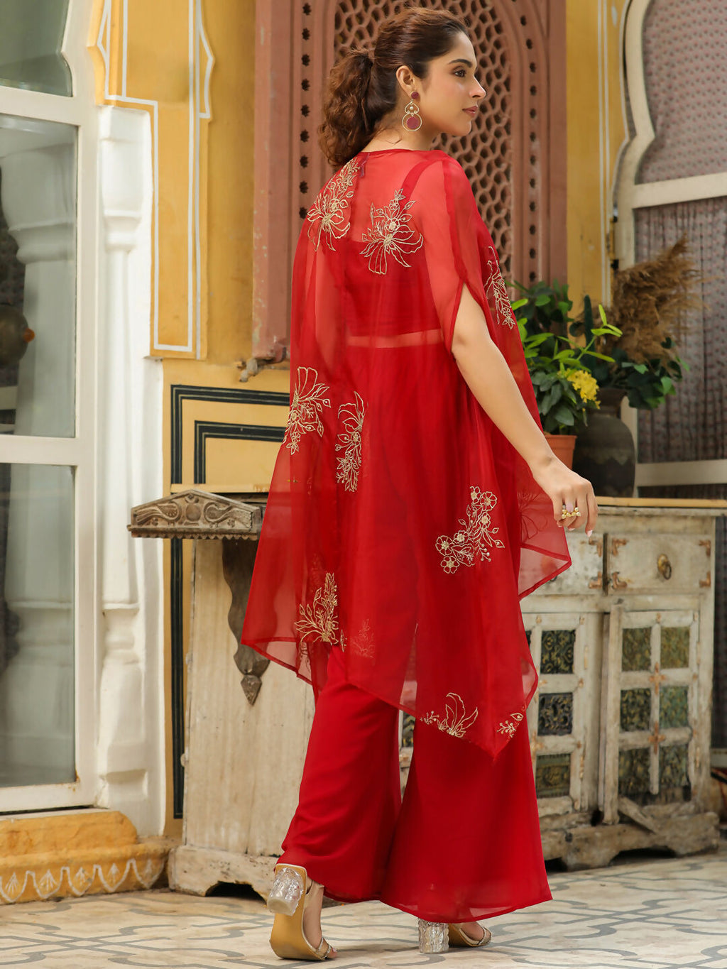 Janasya Maroon Georgette Solid Top Bottom Cape | Grocsy