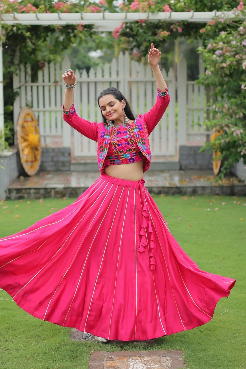 Teeya Creation Pink Colour Roman Silk With Gamathi Work Navratri Lehenga Choli | Grocsy