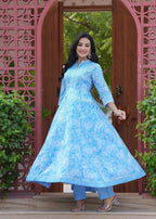 Jaimini Women Cotton Printed Mandarin Collar Neck Calf Length Flared Kurta Pant And Dupatta Set | Grocsy