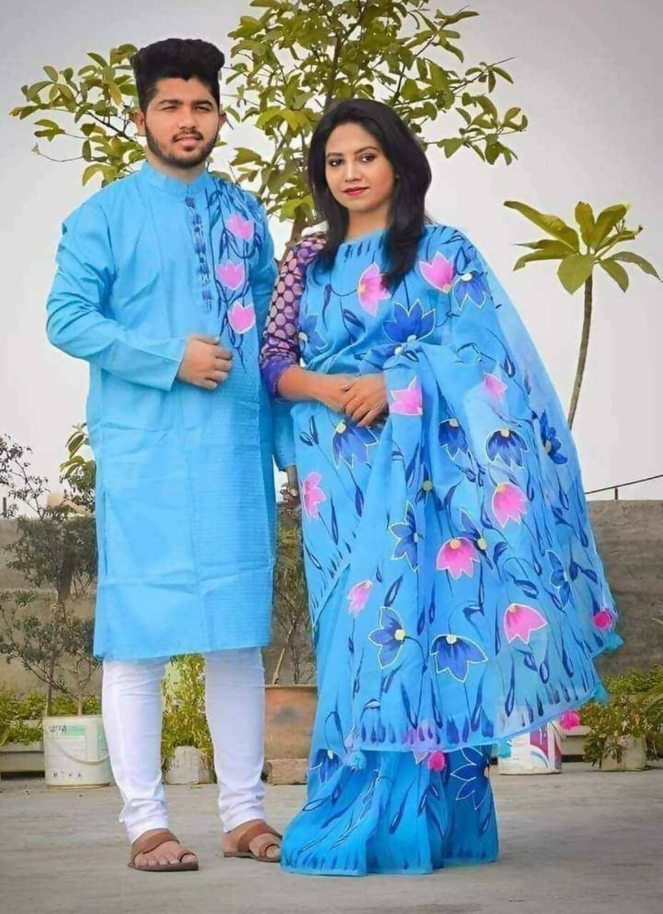 Exclusive Collection Elegant Hand Printing Designe On Pure Cotton Saree And Men's Kurta - Sky Blue | Grocsy