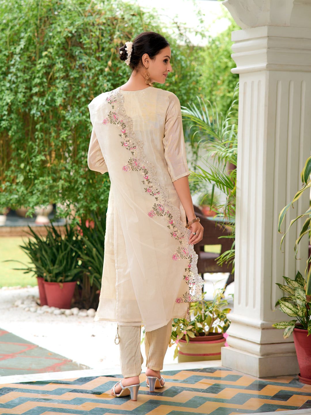 Mirror Embroidered Silk Kurta With Pant & Embroidered Organza Dupatta, Beige - Hiral Fashion | Grocsy