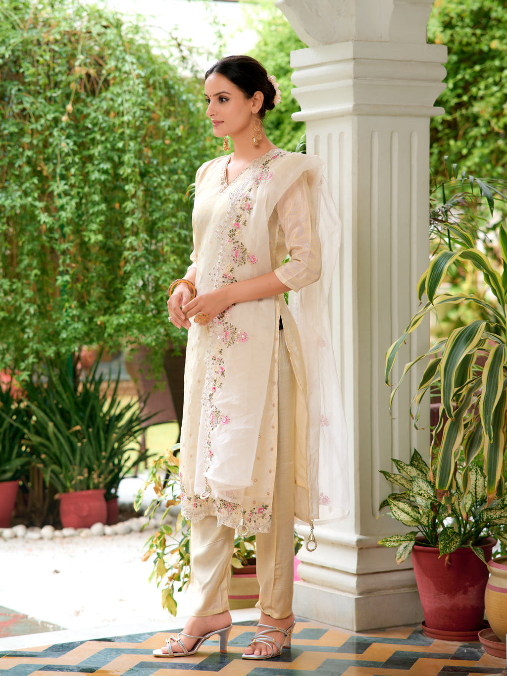 Mirror Embroidered Silk Kurta With Pant & Embroidered Organza Dupatta, Beige - Hiral Fashion | Grocsy