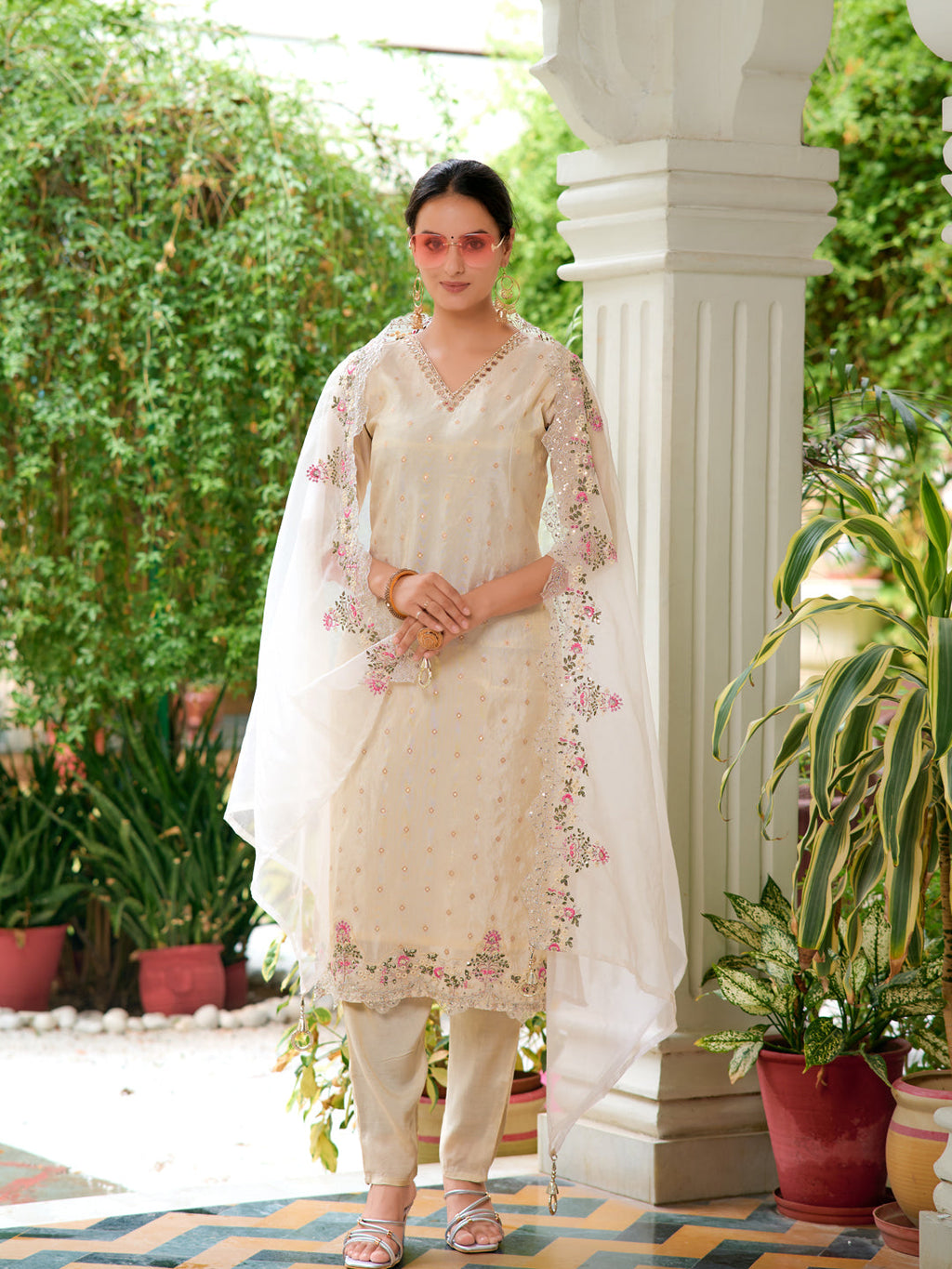 Mirror Embroidered Silk Kurta With Pant & Embroidered Organza Dupatta, Beige - Hiral Fashion | Grocsy