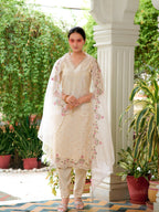 Mirror Embroidered Silk Kurta With Pant & Embroidered Organza Dupatta, Beige - Hiral Fashion | Grocsy