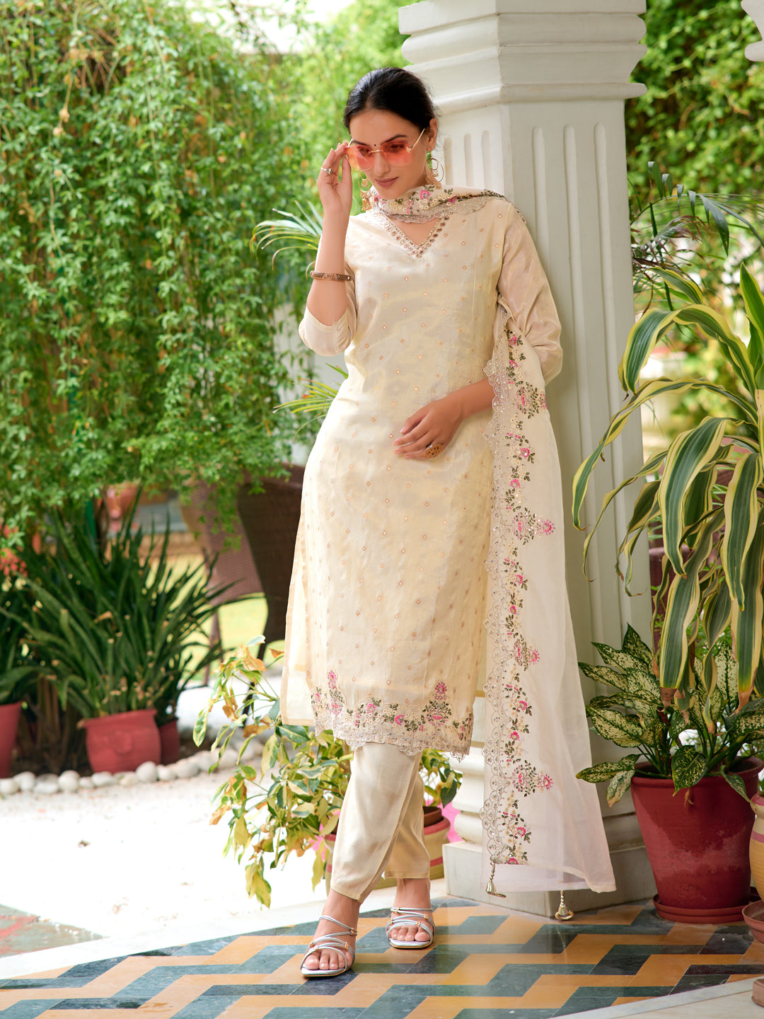 Mirror Embroidered Silk Kurta With Pant & Embroidered Organza Dupatta, Beige - Hiral Fashion | Grocsy