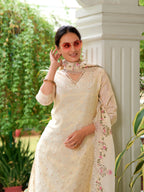 Mirror Embroidered Silk Kurta With Pant & Embroidered Organza Dupatta, Beige - Hiral Fashion | Grocsy