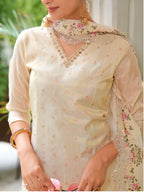 Mirror Embroidered Silk Kurta With Pant & Embroidered Organza Dupatta, Beige - Hiral Fashion | Grocsy