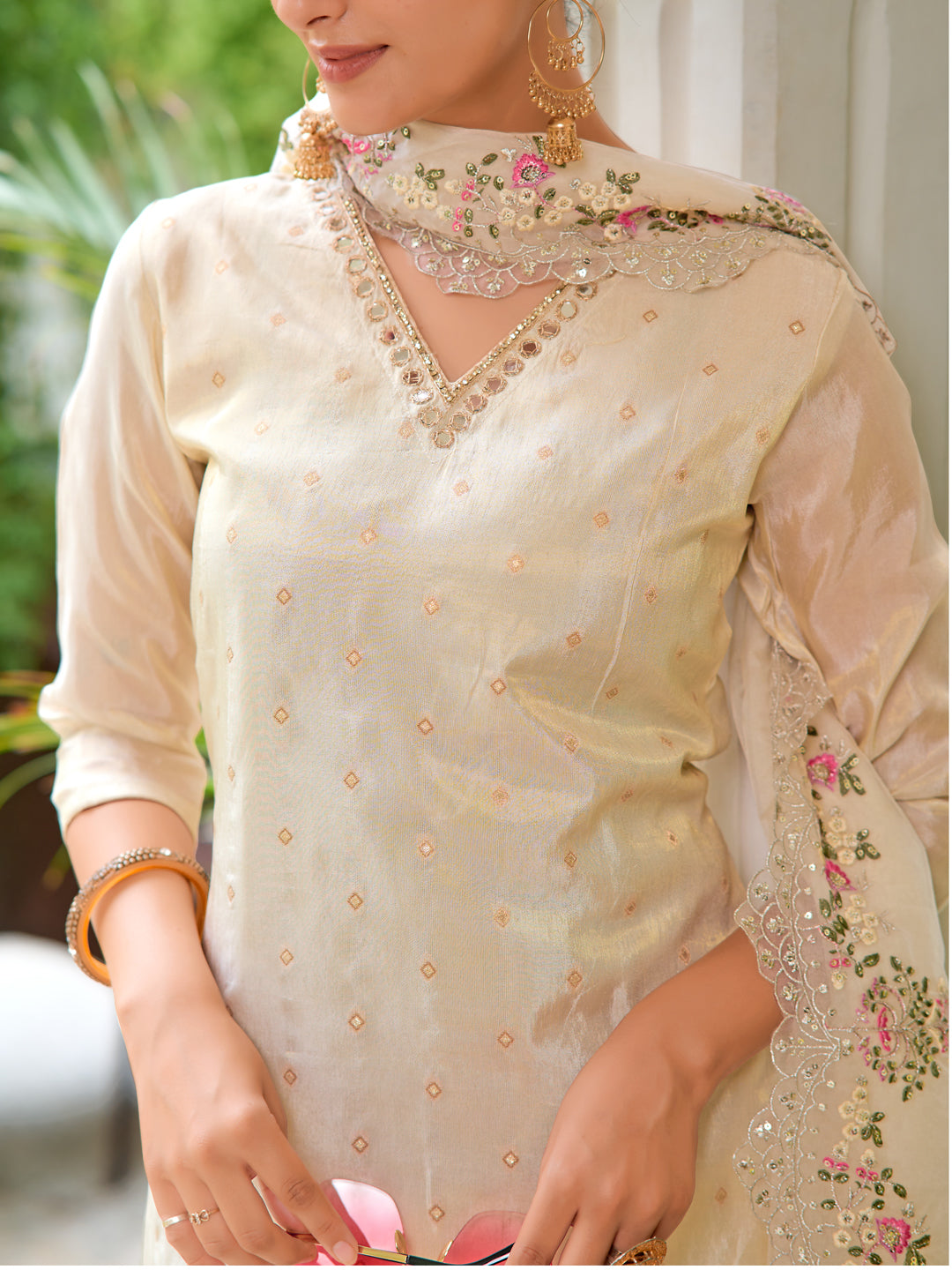 Mirror Embroidered Silk Kurta With Pant & Embroidered Organza Dupatta, Beige - Hiral Fashion | Grocsy