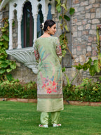 Mirror Embroidered Banarasi Silk Kurta With Pant & Banarasi Dupatta, Green - Hiral Fashion | Grocsy
