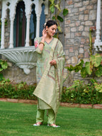 Mirror Embroidered Banarasi Silk Kurta With Pant & Banarasi Dupatta, Green - Hiral Fashion | Grocsy