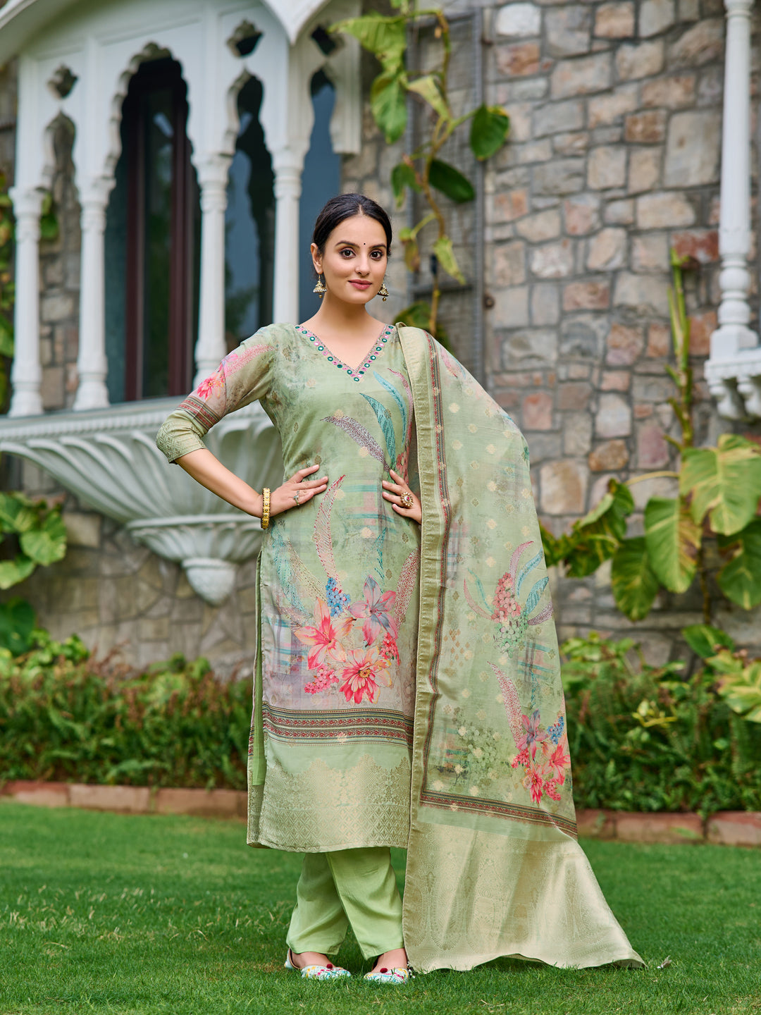 Mirror Embroidered Banarasi Silk Kurta With Pant & Banarasi Dupatta, Green - Hiral Fashion | Grocsy