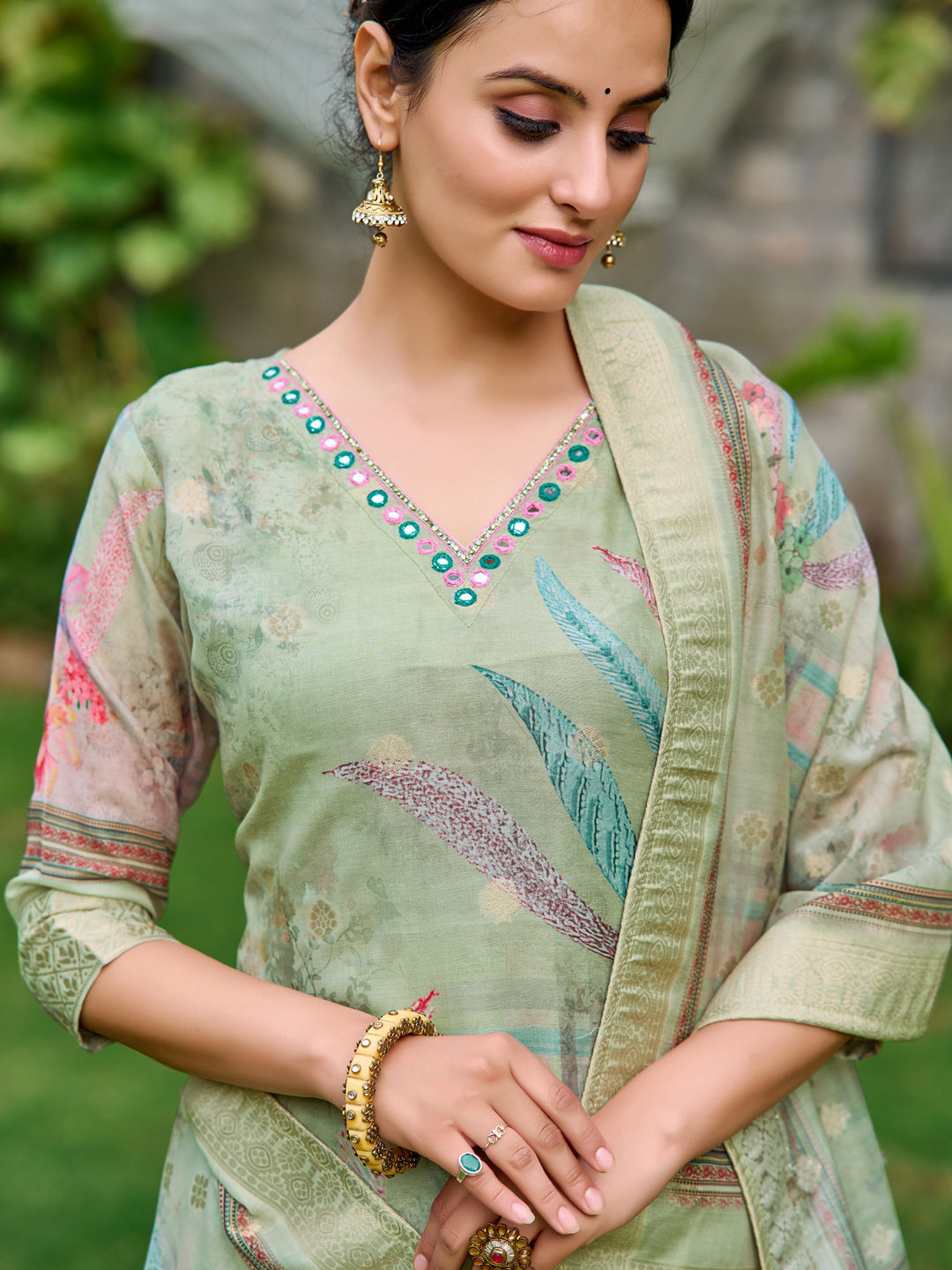Mirror Embroidered Banarasi Silk Kurta With Pant & Banarasi Dupatta, Green - Hiral Fashion | Grocsy