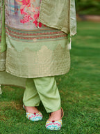 Mirror Embroidered Banarasi Silk Kurta With Pant & Banarasi Dupatta, Green - Hiral Fashion | Grocsy
