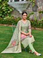 Mirror Embroidered Banarasi Silk Kurta With Pant & Banarasi Dupatta, Green - Hiral Fashion | Grocsy