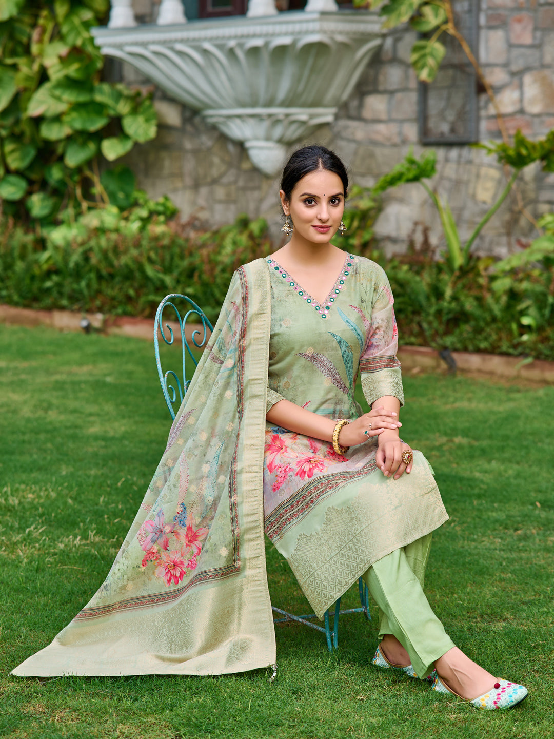 Mirror Embroidered Banarasi Silk Kurta With Pant & Banarasi Dupatta, Green - Hiral Fashion | Grocsy
