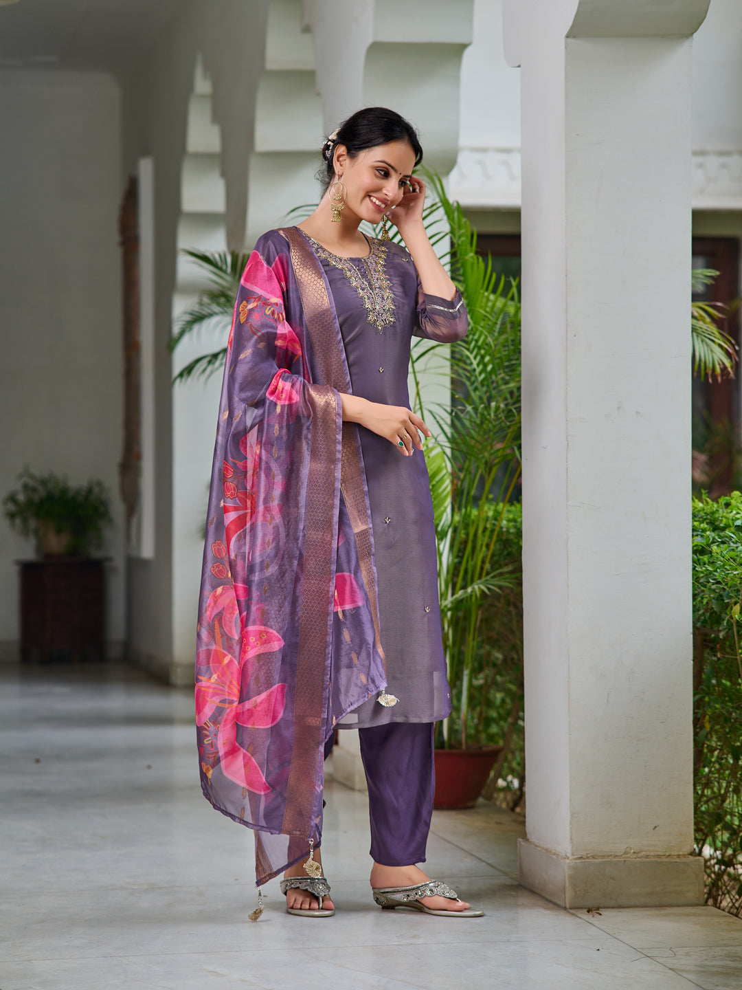 Hand Embroidered Silk Kurta With Embroidered Pant & Printed Organza Dupatta, Purple - Hiral Fashion | Grocsy