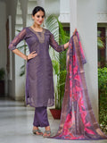 Hand Embroidered Silk Kurta With Embroidered Pant & Printed Organza Dupatta, Purple - Hiral Fashion | Grocsy