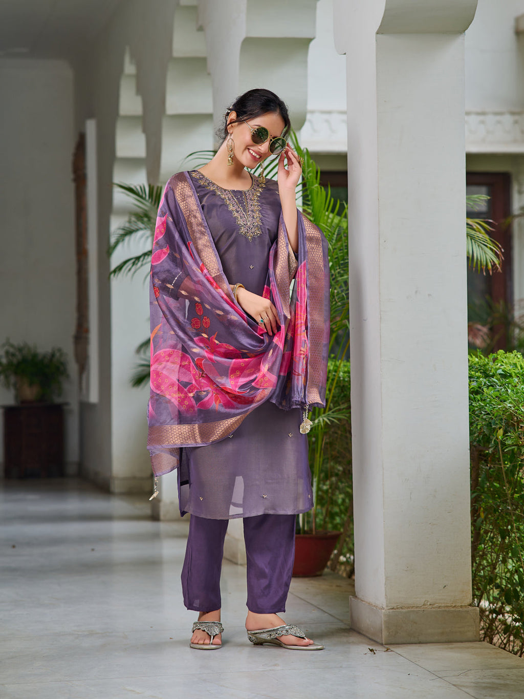 Hand Embroidered Silk Kurta With Embroidered Pant & Printed Organza Dupatta, Purple - Hiral Fashion | Grocsy