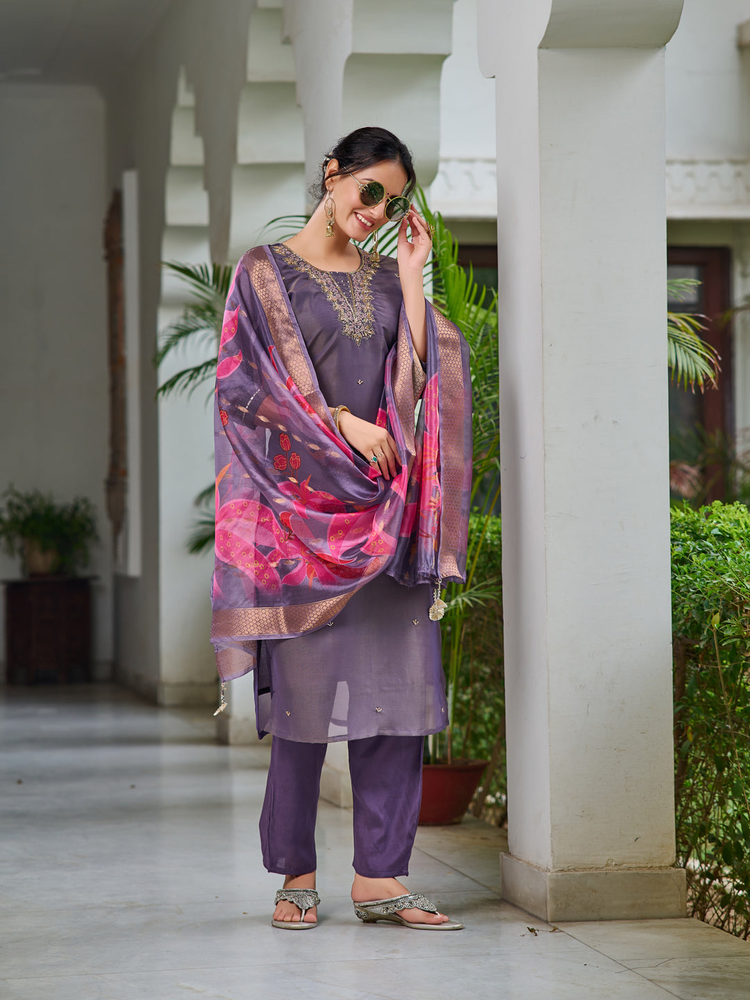 Hand Embroidered Silk Kurta With Embroidered Pant & Printed Organza Dupatta, Purple - Hiral Fashion | Grocsy