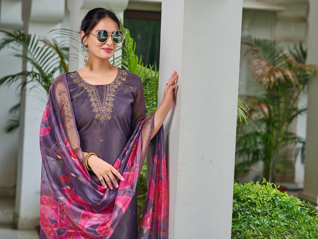 Hand Embroidered Silk Kurta With Embroidered Pant & Printed Organza Dupatta, Purple - Hiral Fashion | Grocsy