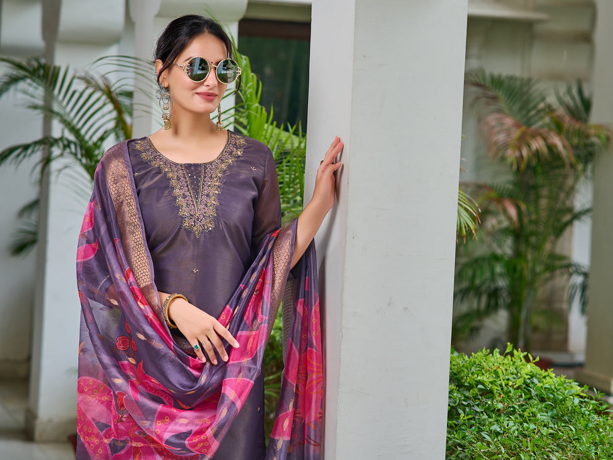 Hand Embroidered Silk Kurta With Embroidered Pant & Printed Organza Dupatta, Purple - Hiral Fashion | Grocsy