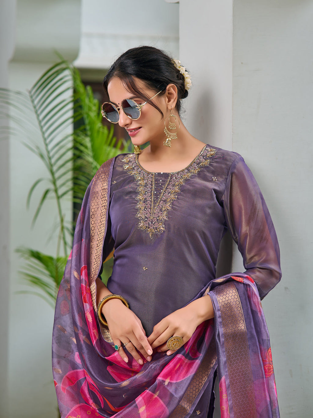 Hand Embroidered Silk Kurta With Embroidered Pant & Printed Organza Dupatta, Purple - Hiral Fashion | Grocsy