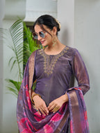 Hand Embroidered Silk Kurta With Embroidered Pant & Printed Organza Dupatta, Purple - Hiral Fashion | Grocsy