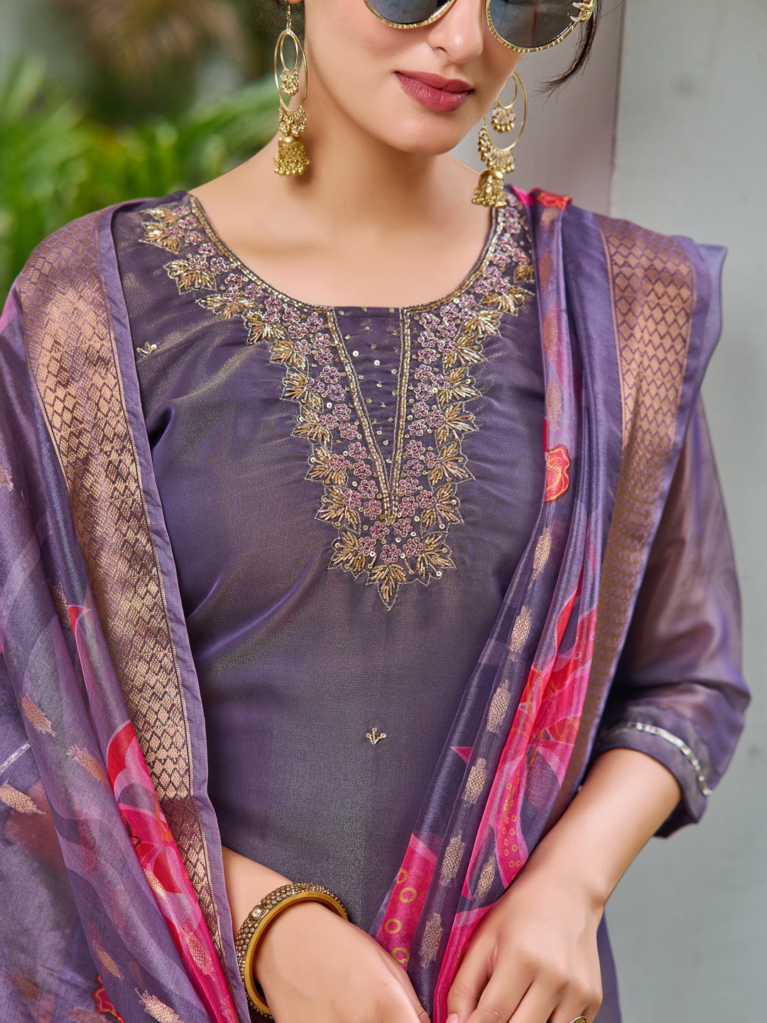 Hand Embroidered Silk Kurta With Embroidered Pant & Printed Organza Dupatta, Purple - Hiral Fashion | Grocsy