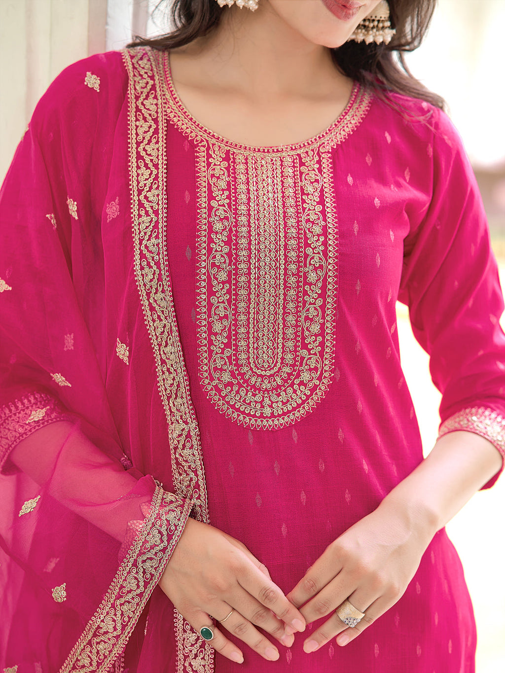 Embroidered Kurta With Embroidered Pant & Dupatta, Pink - Hiral Fashion | Grocsy