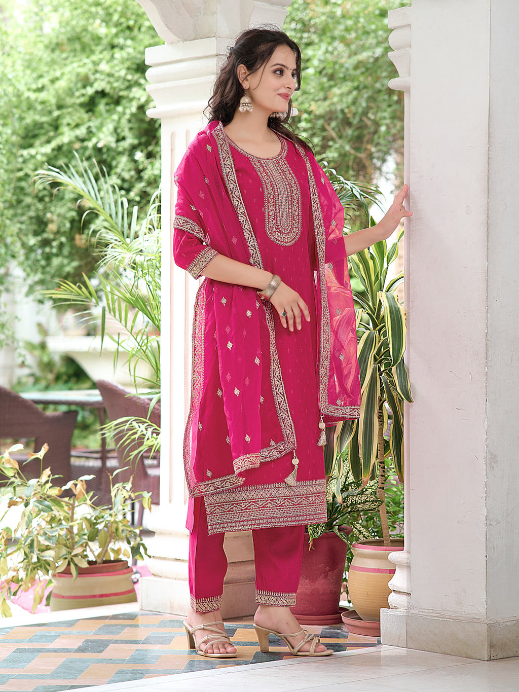 Embroidered Kurta With Embroidered Pant & Dupatta, Pink - Hiral Fashion | Grocsy