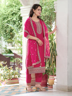 Embroidered Kurta With Embroidered Pant & Dupatta, Pink - Hiral Fashion | Grocsy