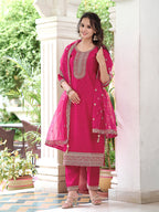 Embroidered Kurta With Embroidered Pant & Dupatta, Pink - Hiral Fashion | Grocsy