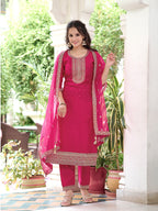 Embroidered Kurta With Embroidered Pant & Dupatta, Pink - Hiral Fashion | Grocsy