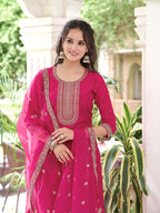 Embroidered Kurta With Embroidered Pant & Dupatta, Pink - Hiral Fashion | Grocsy