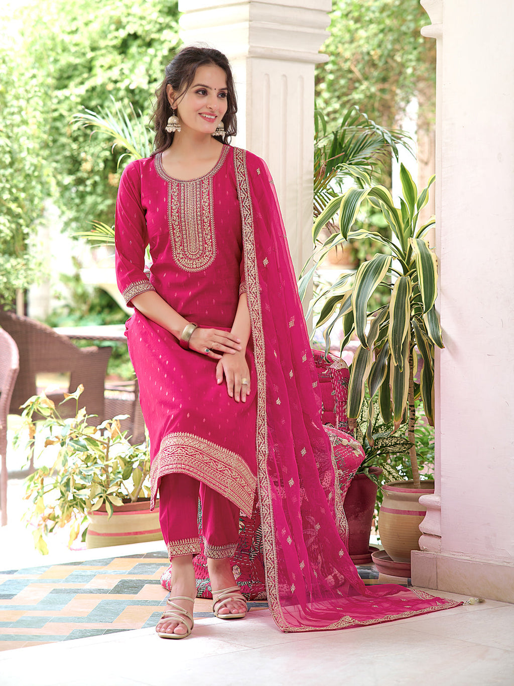 Embroidered Kurta With Embroidered Pant & Dupatta, Pink - Hiral Fashion | Grocsy