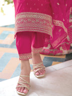 Embroidered Kurta With Embroidered Pant & Dupatta, Pink - Hiral Fashion | Grocsy