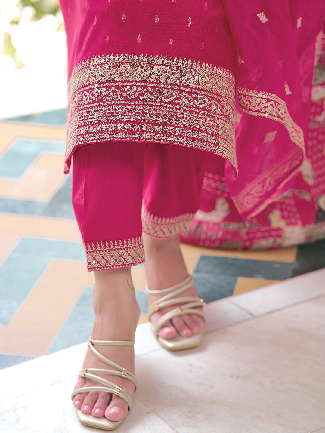 Embroidered Kurta With Embroidered Pant & Dupatta, Pink - Hiral Fashion | Grocsy