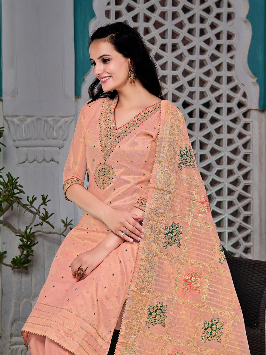 Embroidered Jacquard Silk Kurta With Pant & Jacquard Banarasi Dupatta, Peach - Hiral Fashion | Grocsy