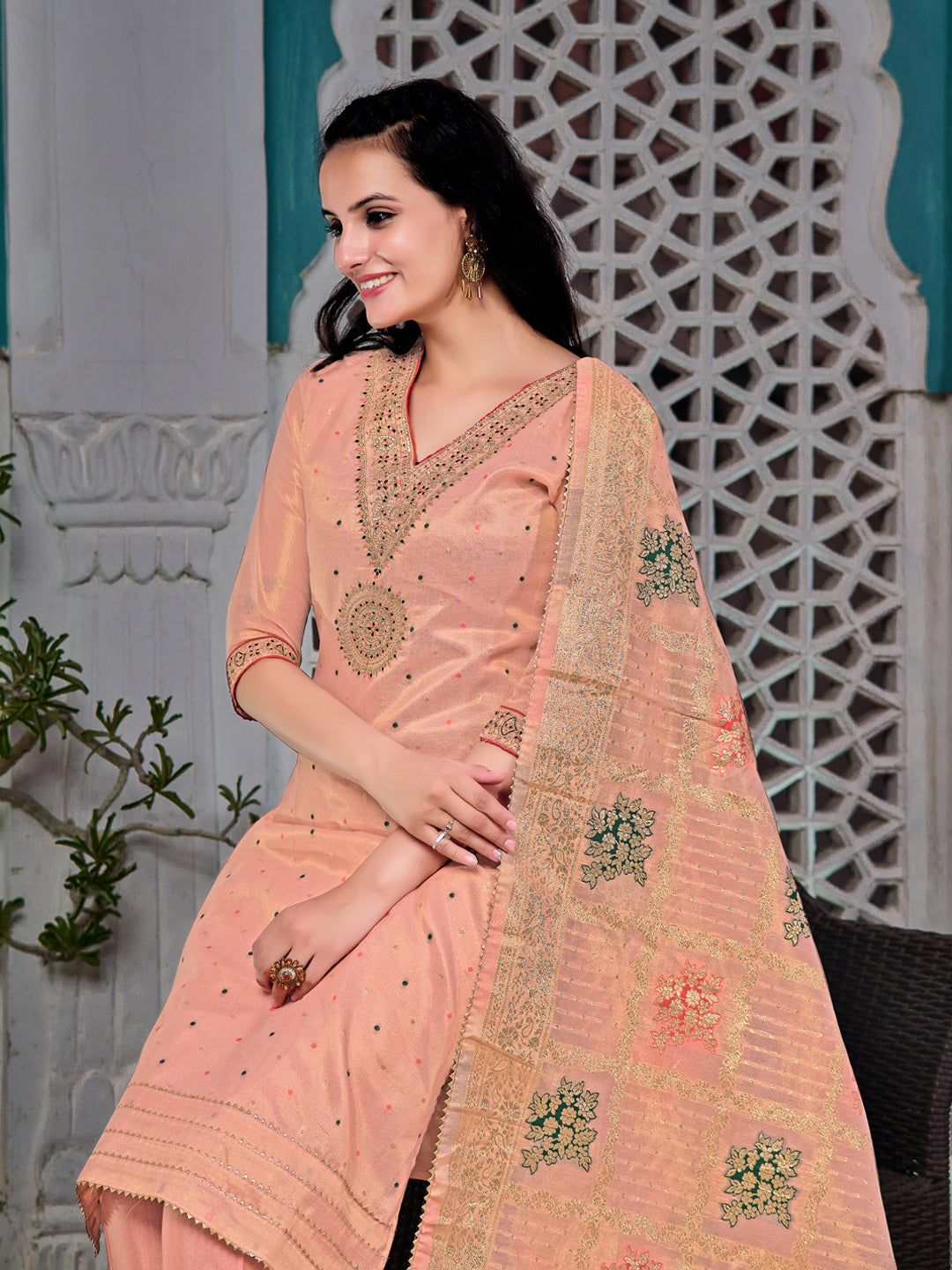 Embroidered Jacquard Silk Kurta With Pant & Jacquard Banarasi Dupatta, Peach - Hiral Fashion | Grocsy