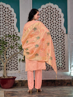 Embroidered Jacquard Silk Kurta With Pant & Jacquard Banarasi Dupatta, Peach - Hiral Fashion | Grocsy