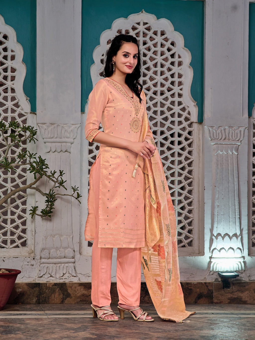 Embroidered Jacquard Silk Kurta With Pant & Jacquard Banarasi Dupatta, Peach - Hiral Fashion | Grocsy